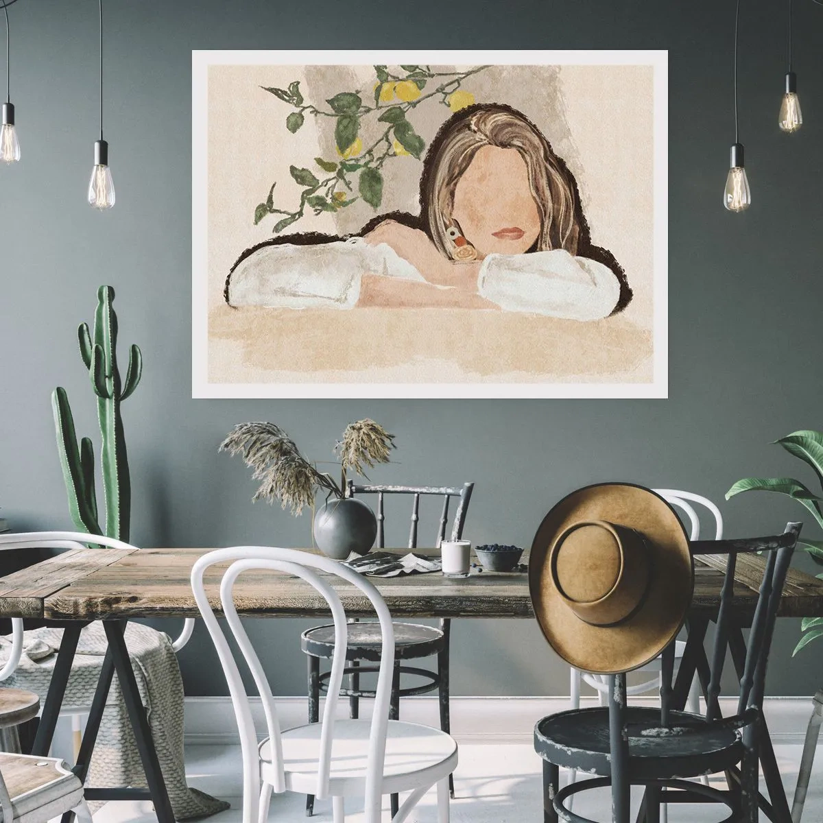 Poster - Die Figur einer Frau vor dem Hintergrund eines Zitronenbaums - 100x70cm - Südländische Schönheit - Moderne Wanddekoration für Wohnzimmer und Schlafzimmer ARTTOR