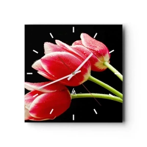 Wanduhr - Glasuhr - Rote Tulpen mit Tautropfen auf schwarzem Hintergrund - 30x30cm - Ein Versprechen der reinen Liebe - Moderne Wanddekoration für Wohnzimmer und Schlafzimmer ARTTOR