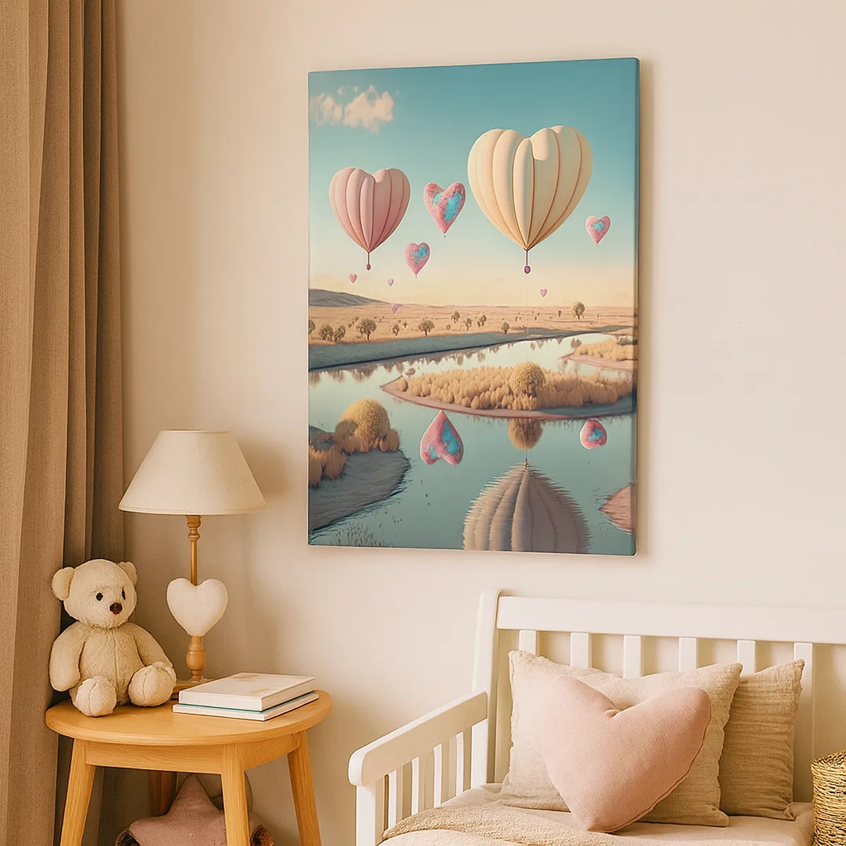 Bild auf Leinwand - Leinwandbild - Herzförmige Ballons schweben über der Landschaft - 50x70cm - Dank Liebe steigt man auf - Moderne Wanddekoration für Wohnzimmer und Schlafzimmer ARTTOR