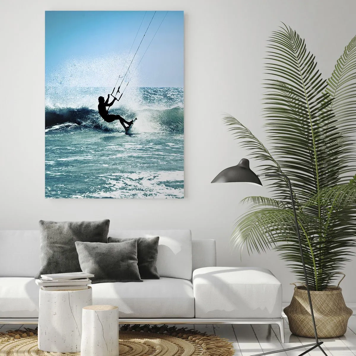 Glasbild - Bild auf glas - Kitesurfer auf den Wellen des Ozeans an einem sonnigen Tag - 50x70cm - Hinreißen lassen - Moderne Wanddekoration für Wohnzimmer und Schlafzimmer ARTTOR