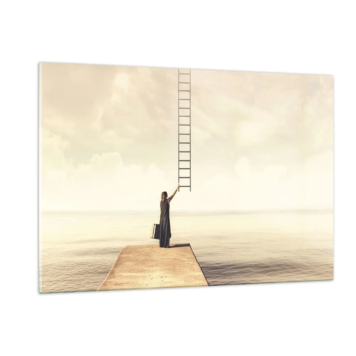 Glasbild - Bild auf glas - Frau auf einem Pier mit einer Leiter, die in den Himmel führt - 120x80cm - Eine magische Reise - Moderne Wanddekoration für Wohnzimmer und Schlafzimmer ARTTOR