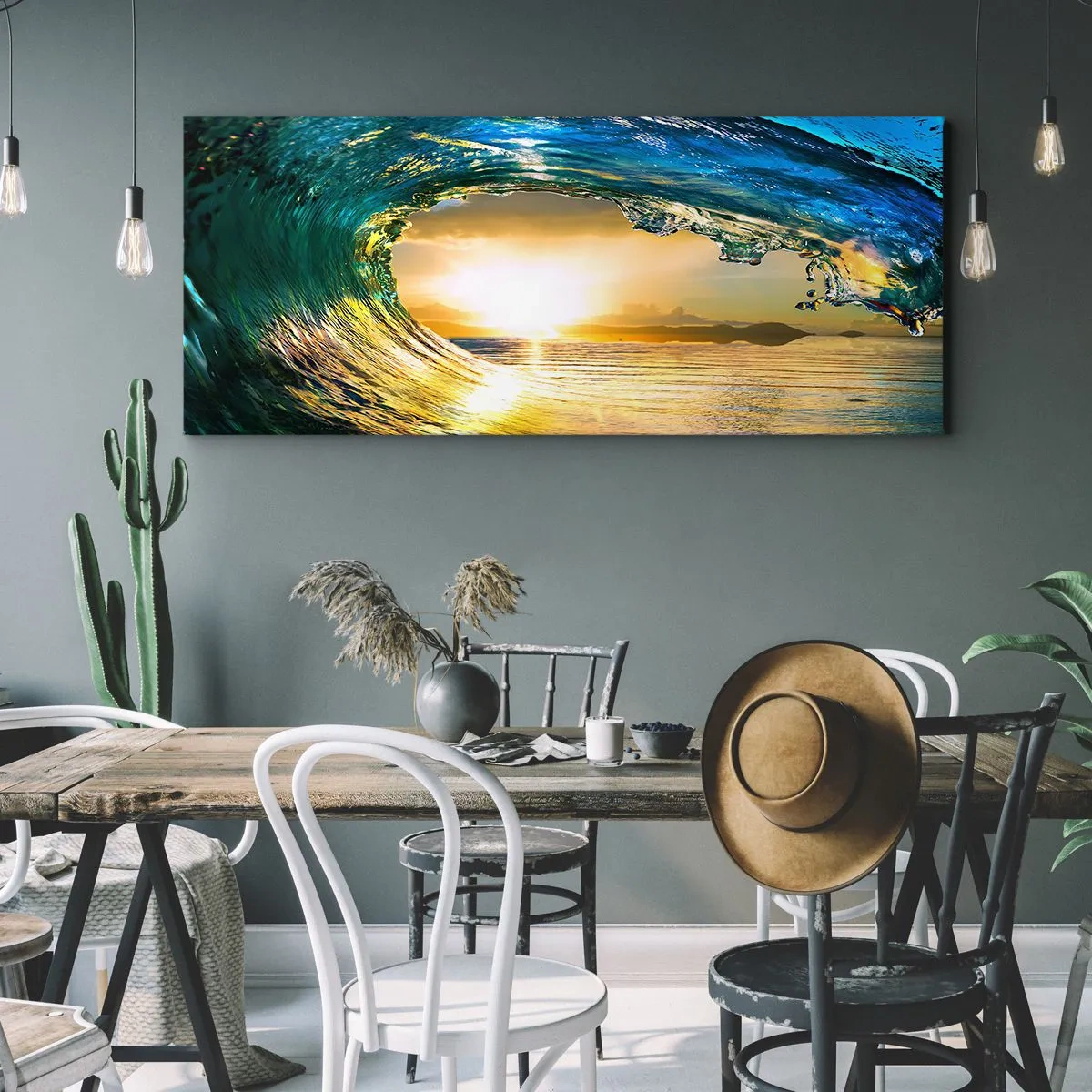 Bild auf Leinwand - Leinwandbild - Meereswelle in der Sonne mit Blick auf den Horizont - 140x50cm - In einem smaragd-goldenen Kristall - Moderne Wanddekoration für Wohnzimmer und Schlafzimmer ARTTOR