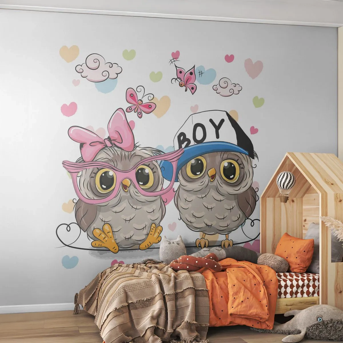 Fototapete Premium Sand - Zwei entzückende Eulen mit Brille vor einem Hintergrund aus Herzen und Wolken - 100x70cm - Lass uns Liebe machen! - Moderne Wanddekoration für Wohnzimmer und Schlafzimmer ARTTOR