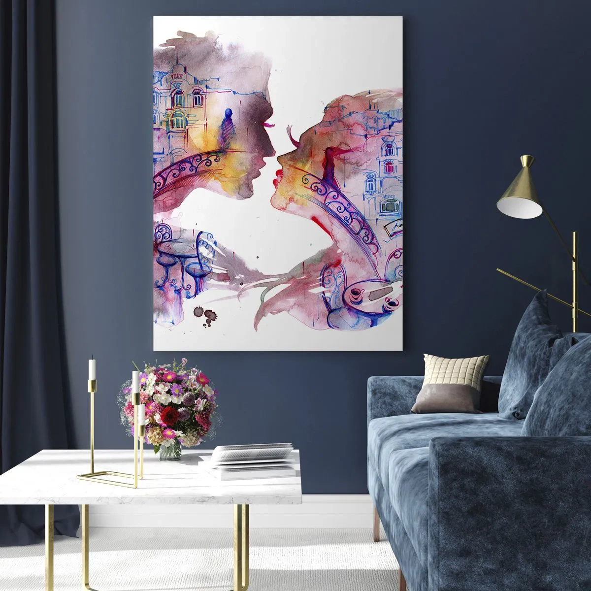 Glasbild - Bild auf glas - Illustration eines abstrakten Porträts zweier Menschen in Form eines Herzens - 50x70cm - Die geheime Seufzerbrücke - Moderne Wanddekoration für Wohnzimmer und Schlafzimmer ARTTOR