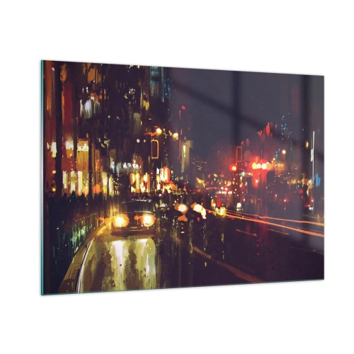 Glasbild - Bild auf glas - Stadtnachtlandschaft mit Autos und Straßenlaternen - 100x70cm - Eingetaucht in die Lichter der Nacht - Moderne Wanddekoration für Wohnzimmer und Schlafzimmer ARTTOR