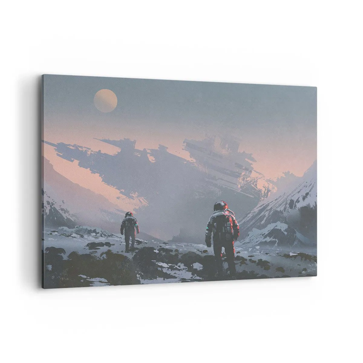 Bild auf Leinwand - Leinwandbild - Astronauten auf einem fremden Planeten mit einem Raumschiffwrack - 100x70cm - Unter einem unbekannten Stern - Moderne Wanddekoration für Wohnzimmer und Schlafzimmer ARTTOR