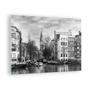Glasbild - Bild auf glas - Schwarz-Weiß-Ansicht eines Kanals in Amsterdam - 70x50cm - Amsterdamer Atmosphäre - Moderne Wanddekoration für Wohnzimmer und Schlafzimmer ARTTOR