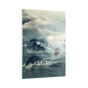 Glasbild - Bild auf glas - Ein Schiff auf stürmischer See mit einer Burg im Hintergrund - 50x70cm - In magischen Gewässern - Moderne Wanddekoration für Wohnzimmer und Schlafzimmer ARTTOR