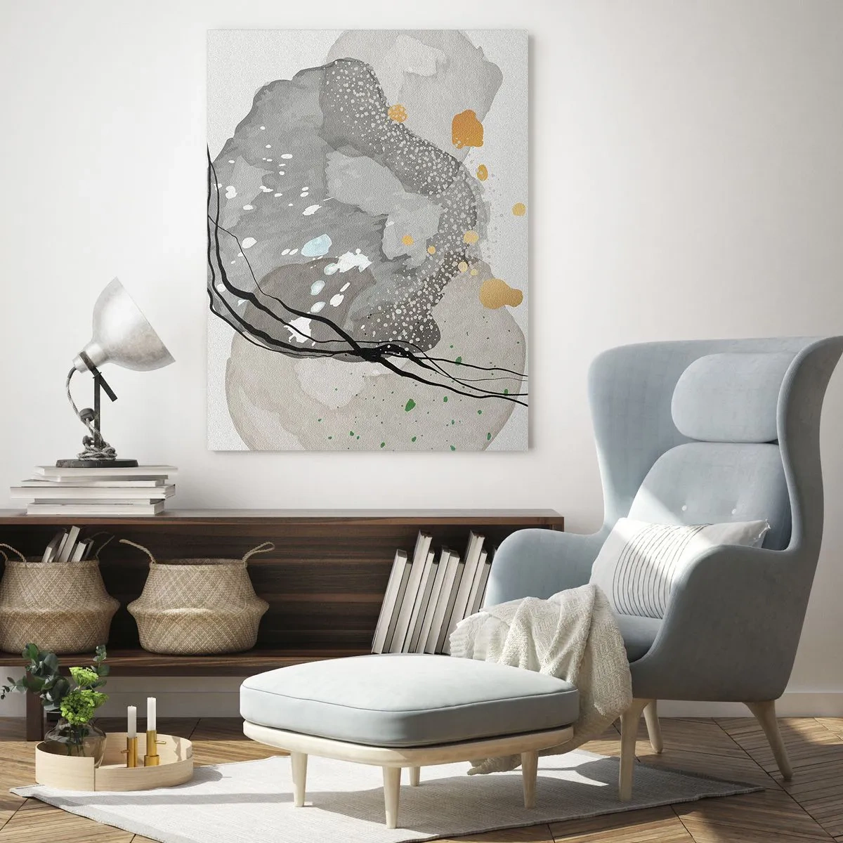 Glasbild - Bild auf glas - Organische Formen in Grautönen mit Akzenten in Schwarz und Gold - 70x100cm - Organische Komposition - Moderne Wanddekoration für Wohnzimmer und Schlafzimmer ARTTOR