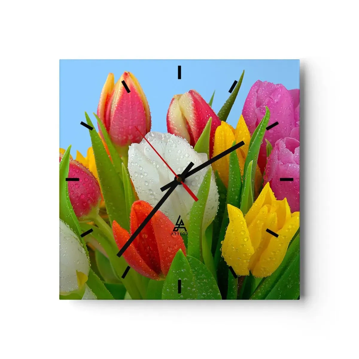 Wanduhr - Glasuhr - Ein blumiger Regenbogen in Tautropfen - 40x40 cm