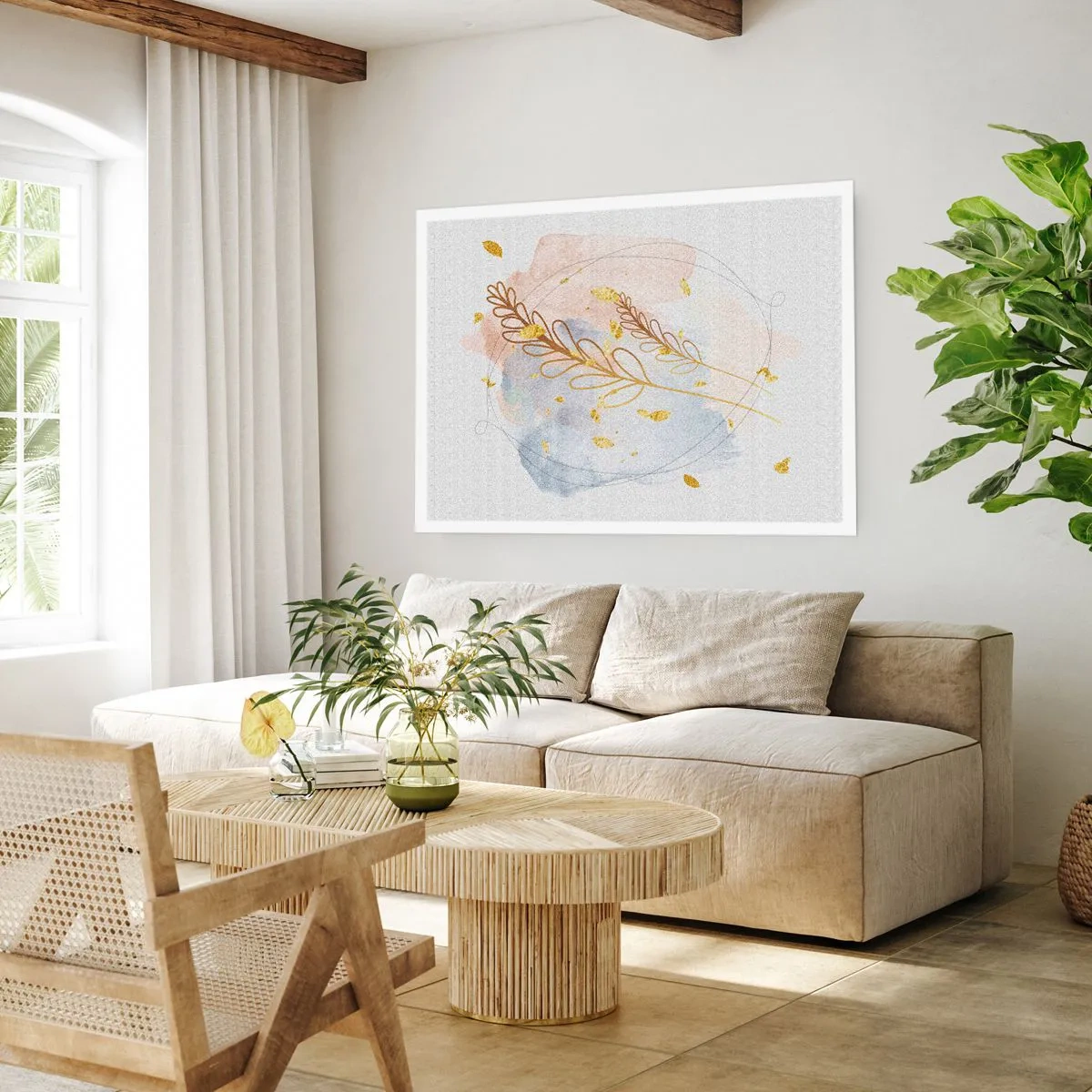 Poster - Ein zartes goldenes Blattmotiv auf pastellfarbenem Hintergrund mit Aquarelldetails. - 100x70cm - Goldenr Hauch - Moderne Wanddekoration für Wohnzimmer und Schlafzimmer ARTTOR