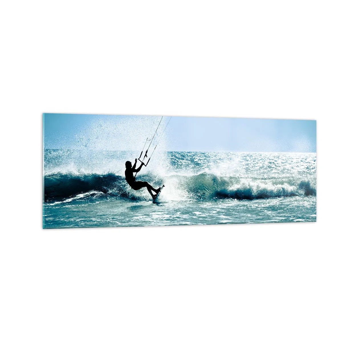Glasbild - Bild auf glas - Kitesurfer reitet eine Welle in der vollen Sonne - 140x50cm - Hinreißen lassen - Moderne Wanddekoration für Wohnzimmer und Schlafzimmer ARTTOR