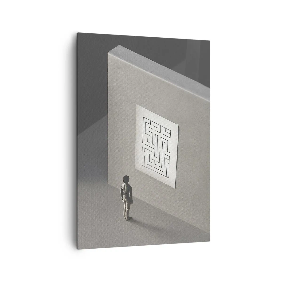 Bild auf Leinwand - Leinwandbild - Eine Figur in einem Labyrinth, die auf eine hängende Karte schaut - 70x100cm - Aber wo bin ich? - Moderne Wanddekoration für Wohnzimmer und Schlafzimmer ARTTOR