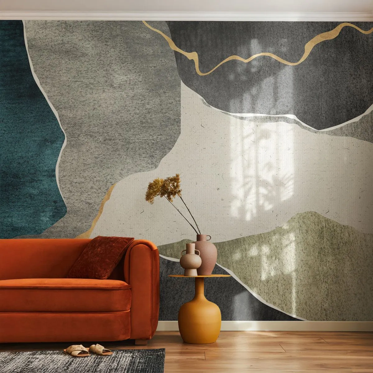 Fototapete Premium Sand - Abstraktes Mosaik mit Textur und goldenen Linien auf erdigem Hintergrund. - 100x70cm - Mosaikkomposition mit Goldfaden - Moderne Wanddekoration für Wohnzimmer und Schlafzimmer ARTTOR