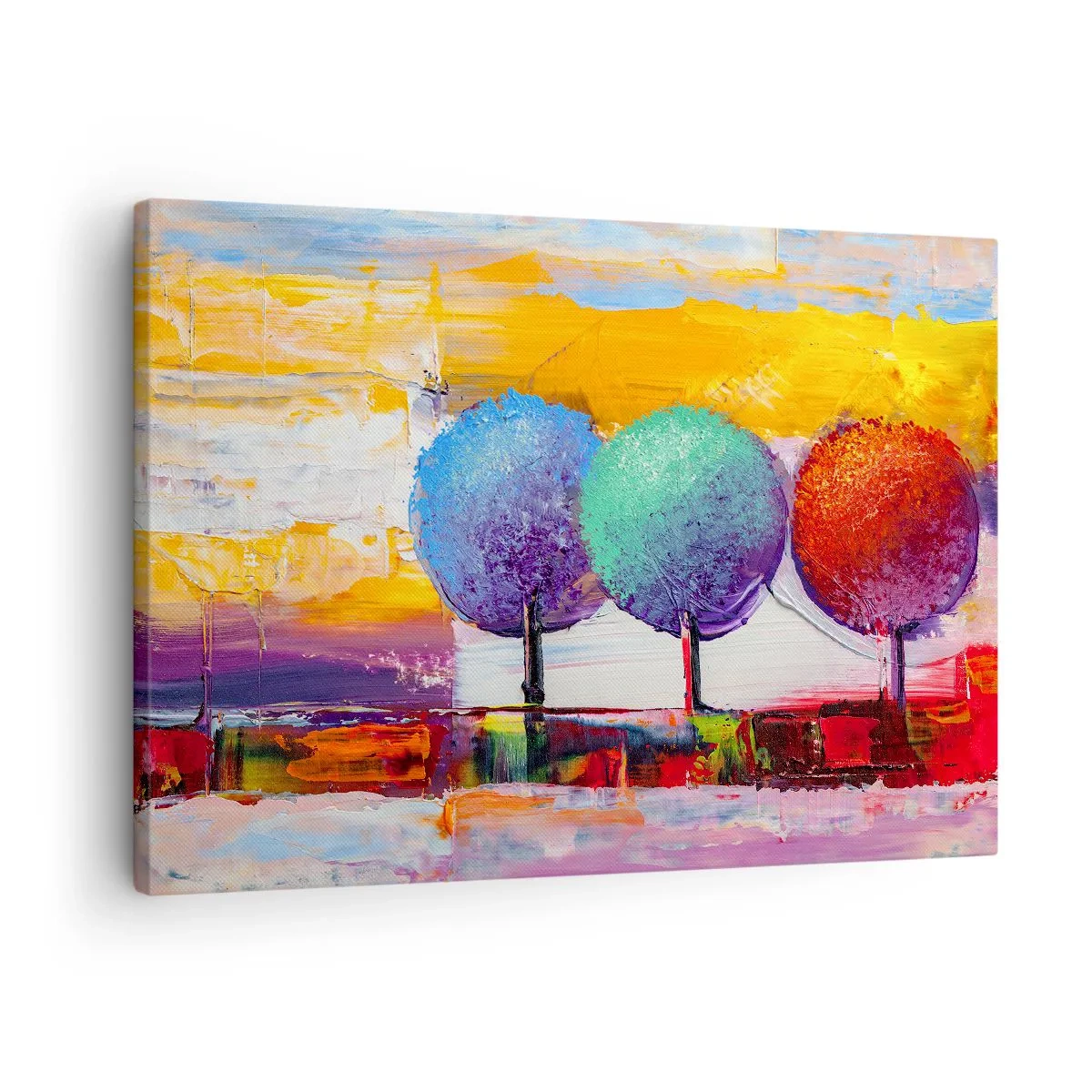Bild auf Leinwand - Leinwandbild - Drei bunte Bäume auf abstraktem Hintergrund - 70x50cm - Aller guten Dinge sind drei - Moderne Wanddekoration für Wohnzimmer und Schlafzimmer ARTTOR