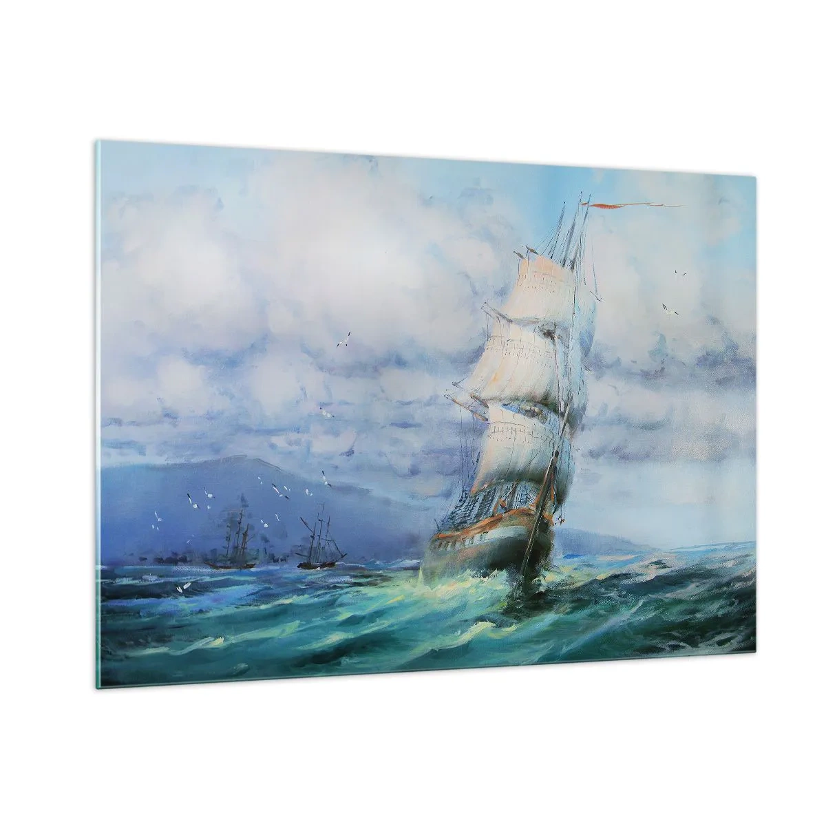 Glasbild - Bild auf glas - Ein Schiff mit Segeln segelt auf stürmischer See unter einem bewölkten Himmel - 100x70cm - Guter Wind - Moderne Wanddekoration für Wohnzimmer und Schlafzimmer ARTTOR