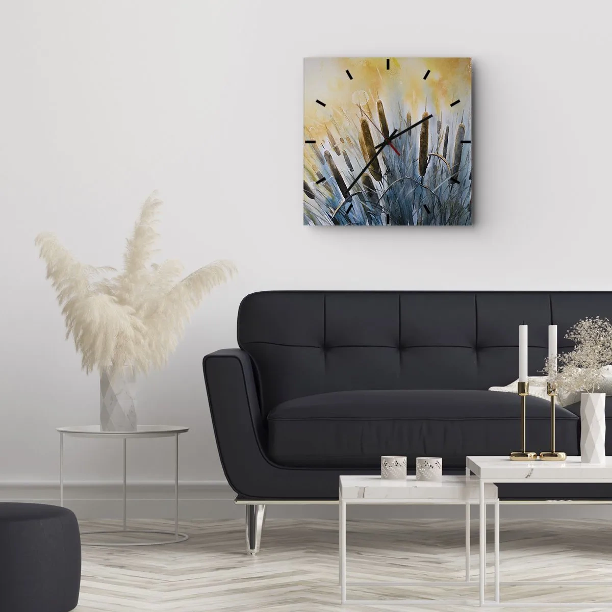 Wanduhr - Glasuhr - Malerisches Schilf in den Sonnenstrahlen - 30x30cm - Die Kälte des Wassers, die Hitze der Sonne - Moderne Wanddekoration für Wohnzimmer und Schlafzimmer ARTTOR