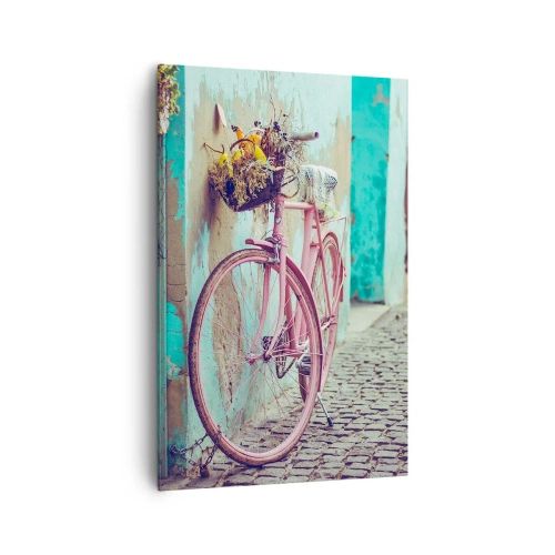Bild auf Leinwand - Leinwandbild - Ein rosa Fahrrad neben einer türkisfarbenen Tür - 80x120cm - Ich komme gleich wieder - Moderne Wanddekoration für Wohnzimmer und Schlafzimmer ARTTOR