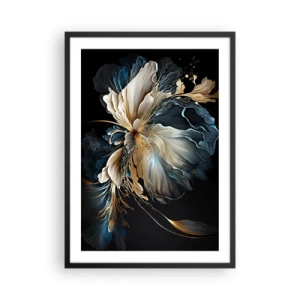 Poster in einem schwarzem Rahmen - Ein elegantes abstraktes Blumenarrangement in Gold und Marineblau. - 50x70cm - Märchenhafte Farnblume - Moderne Wanddekoration für Wohnzimmer und Schlafzimmer ARTTOR