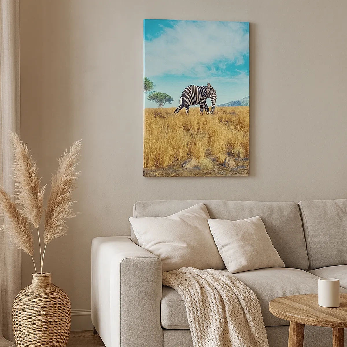 Bild auf Leinwand - Leinwandbild - Zebra in einer afrikanischen Landschaft - 50x70cm - Grau ist nicht mehr in Mode - Moderne Wanddekoration für Wohnzimmer und Schlafzimmer ARTTOR