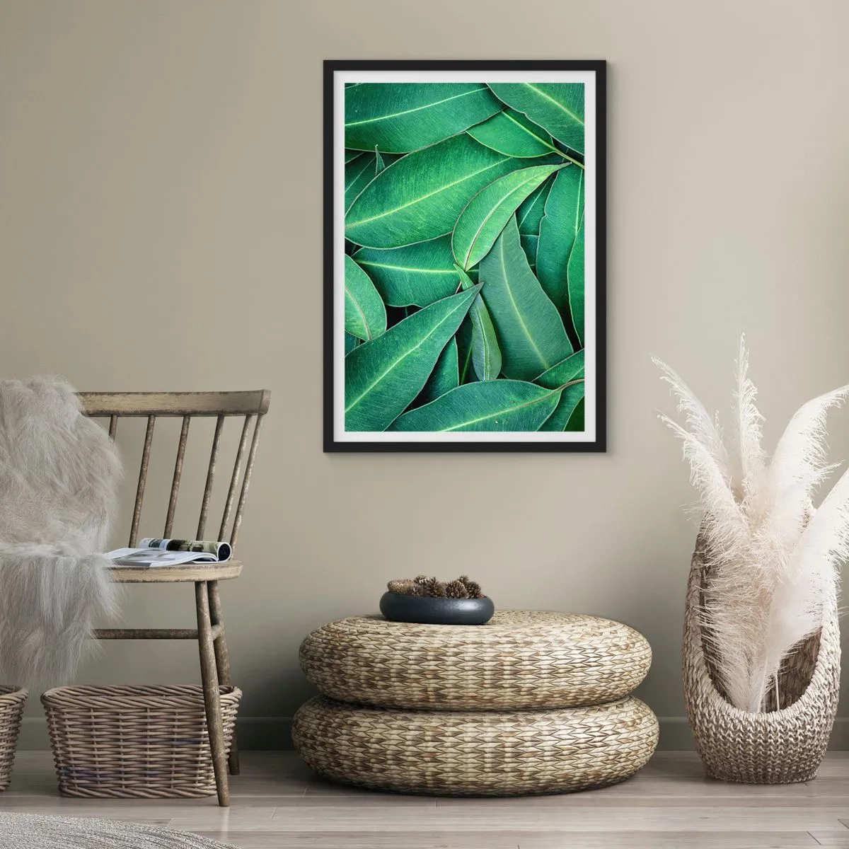Poster in einem schwarzem Rahmen - Grüne Blätter in einer dichten Komposition angeordnet - 50x70cm - Saftig und frisch - Moderne Wanddekoration für Wohnzimmer und Schlafzimmer ARTTOR