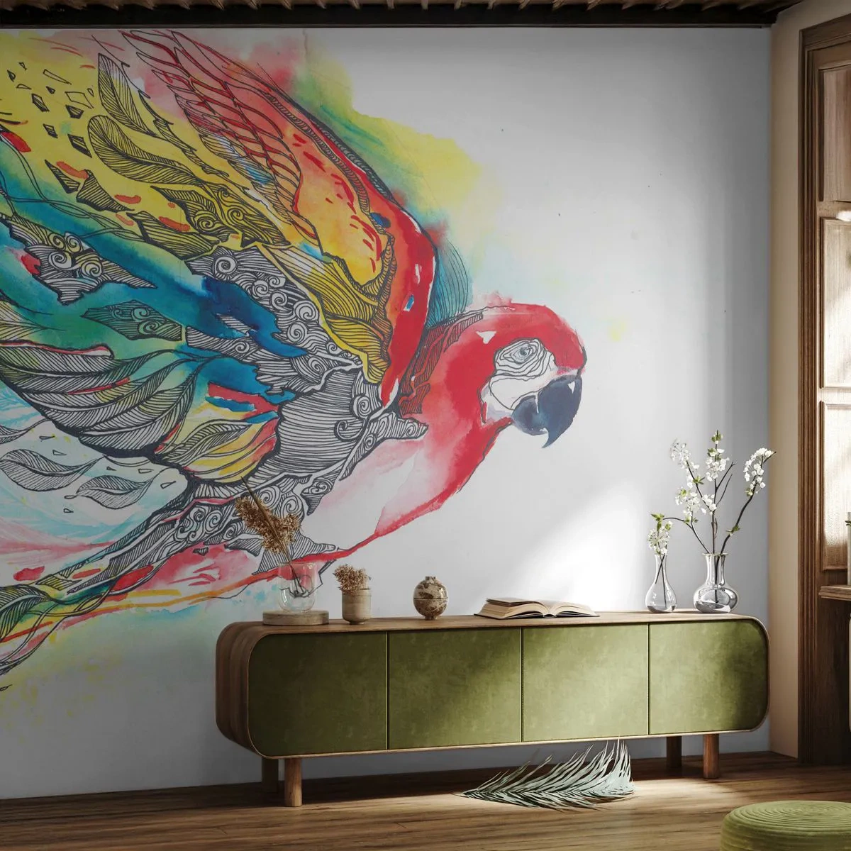 Selbstklebende Fototapete Deluxe Sticker - Leben Sie bunt - Vogel, Papagei, Bunte Federn - 450x315 cm