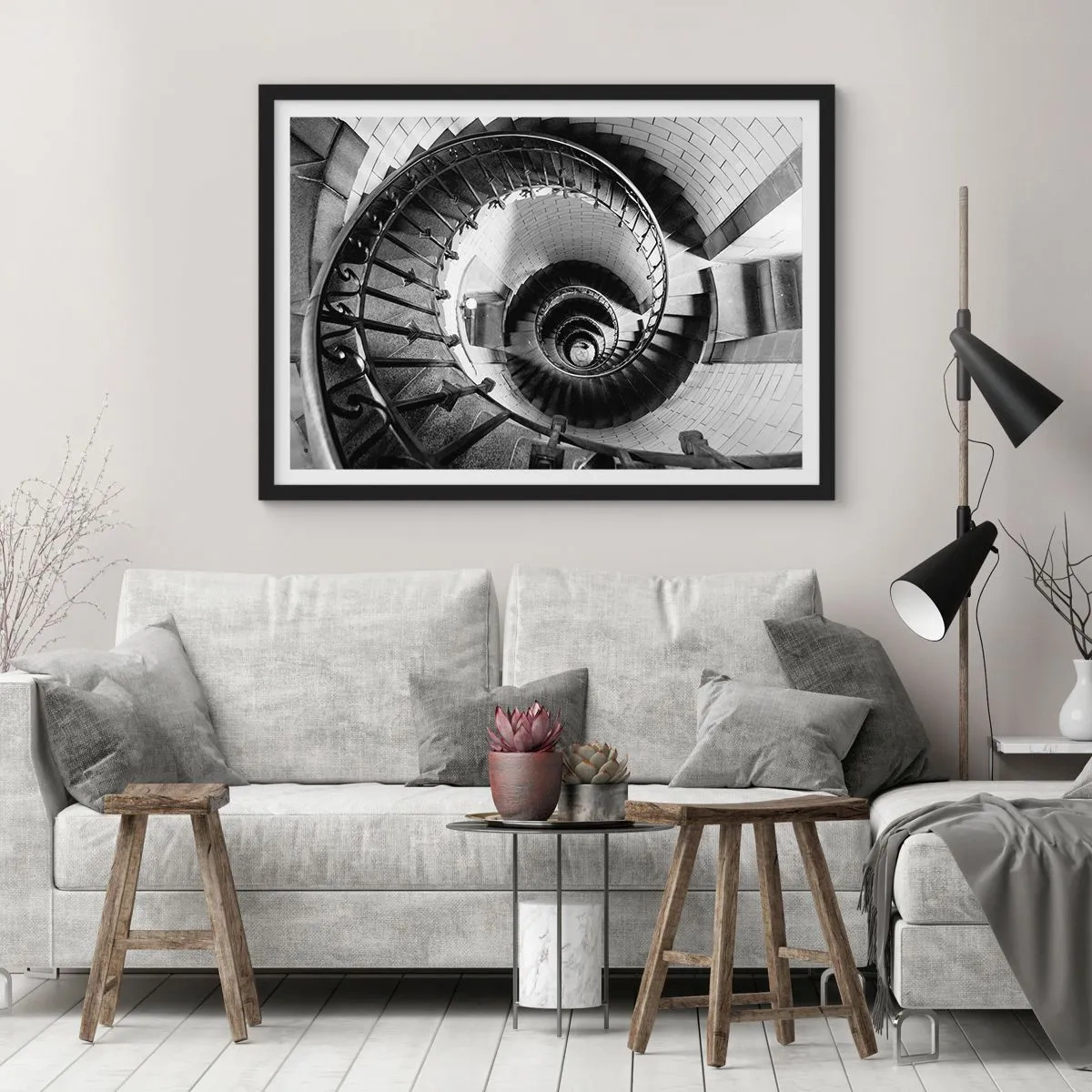 Poster in einem schwarzem Rahmen - Schwarz-Weiß-Fotografie einer Wendeltreppe aus der Vogelperspektive - 70x50cm - Höher und höher - Moderne Wanddekoration für Wohnzimmer und Schlafzimmer ARTTOR