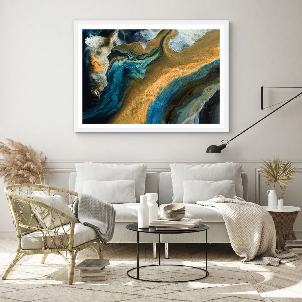 Poster in einem weißen Rahmen - Blau - Gelb - gegenseitige Beeinflussung - 91x61 cm