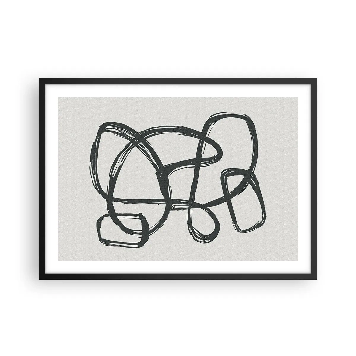 Poster in einem schwarzem Rahmen - Abstrakte Linien erzeugen Freiformformen auf hellem Hintergrund - 70x50cm - Schleifenabstraktion - Moderne Wanddekoration für Wohnzimmer und Schlafzimmer ARTTOR