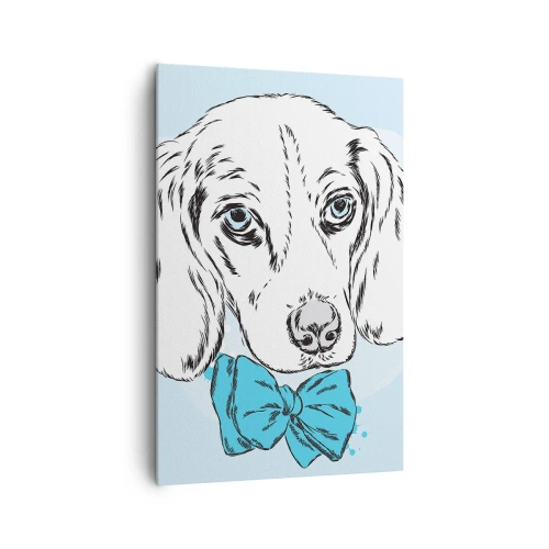 Bild auf Leinwand - Leinwandbild - Entzückende Grafik eines Hundes mit Fliege auf pastellfarbenem Hintergrund - 80x120cm - Hunde-Eleganz - Moderne Wanddekoration für Wohnzimmer und Schlafzimmer ARTTOR