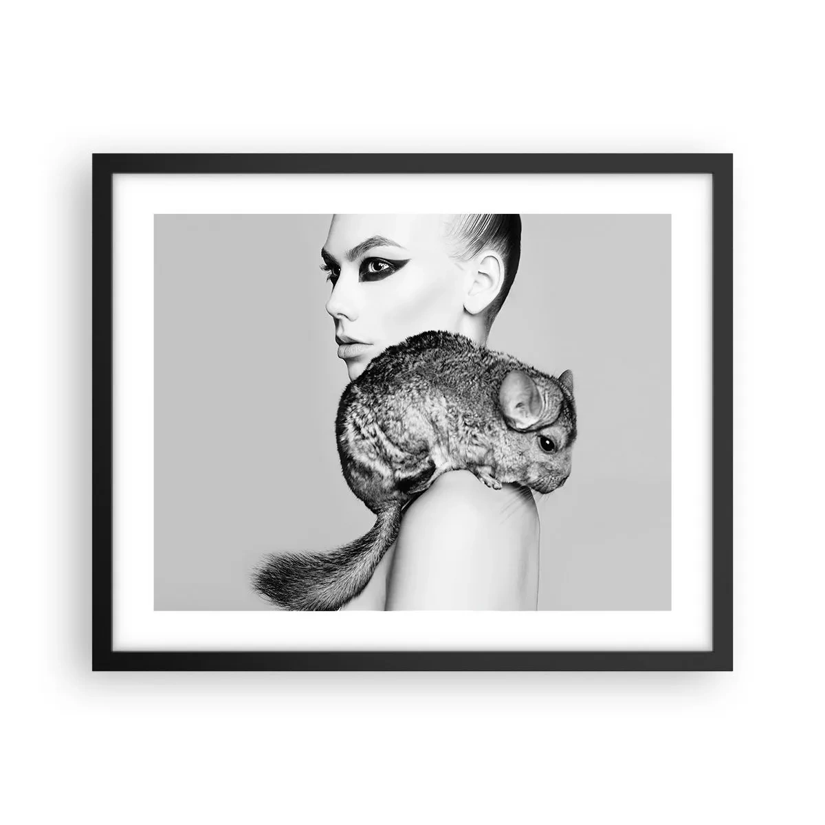 Poster in einem schwarzem Rahmen - Dame mit einem Chinchilla - 50x40 cm