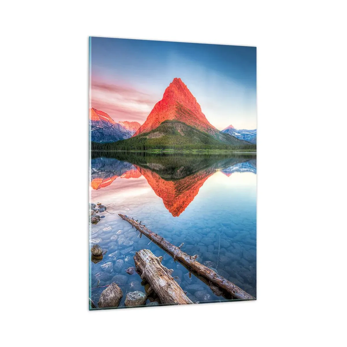 Glasbild - Bild auf glas - Ein Berg, der sich bei Sonnenuntergang in einem See spiegelt - 80x120cm - Hitze und Kälte - Moderne Wanddekoration für Wohnzimmer und Schlafzimmer ARTTOR