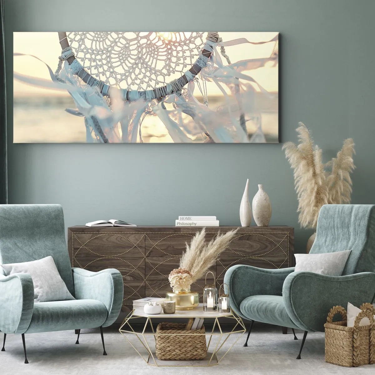 Bild auf Leinwand - Leinwandbild - Ein zarter Traumfänger vor dem Hintergrund der untergehenden Sonne - 140x50cm - Totem aus Spitze - Moderne Wanddekoration für Wohnzimmer und Schlafzimmer ARTTOR