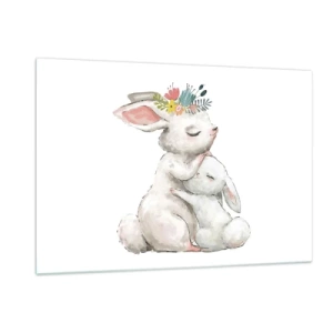 Glasbild - Bild auf glas - Zwei kuschelige Hasen in Pastellfarben - 120x80cm - Bei Mama ist's am schönsten - Moderne Wanddekoration für Wohnzimmer und Schlafzimmer ARTTOR