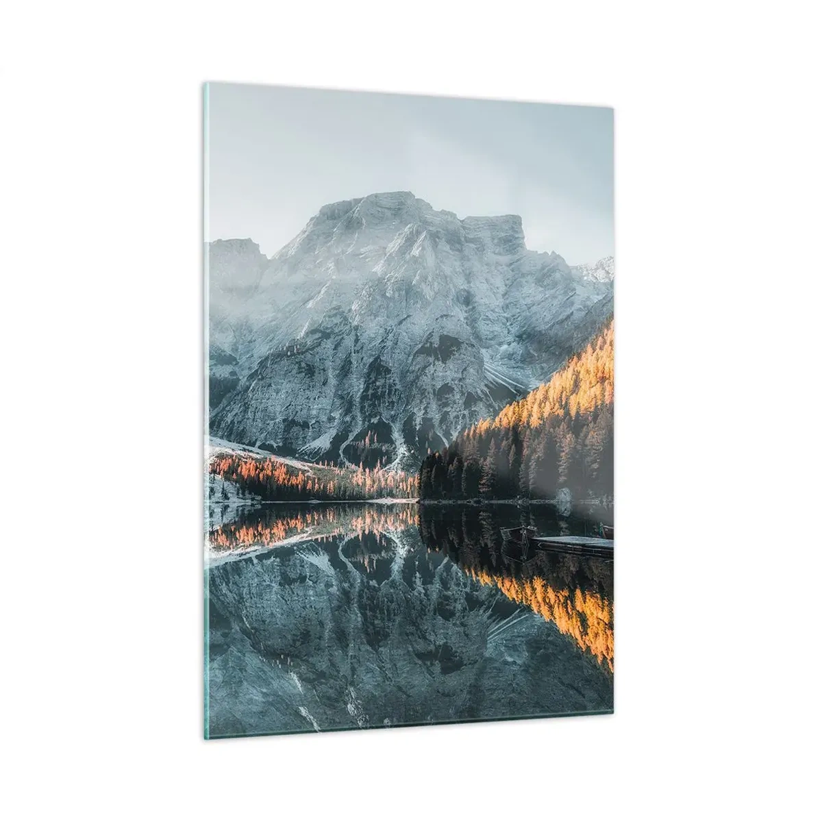 Glasbild - Bild auf glas - Eine Berglandschaft spiegelt sich in der ruhigen Oberfläche des Sees - 50x70cm - Spiegellandschaft - Moderne Wanddekoration für Wohnzimmer und Schlafzimmer ARTTOR