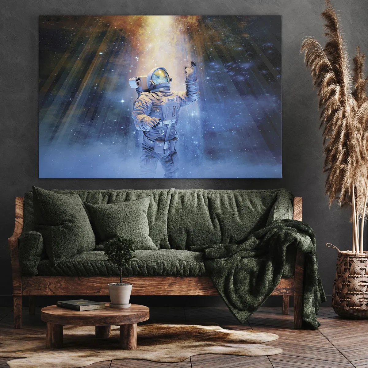 Bild auf Leinwand - Leinwandbild - Astronaut im Licht einer kosmischen Explosion voller Sterne - 100x70cm - Endlich am Ende - Moderne Wanddekoration für Wohnzimmer und Schlafzimmer ARTTOR