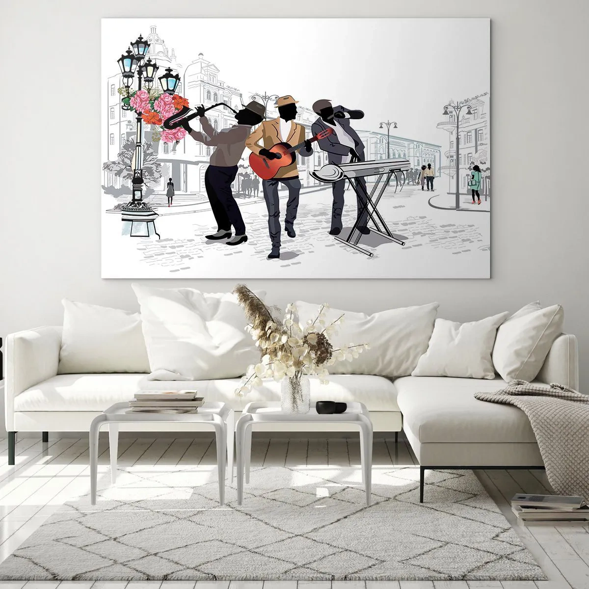 Glasbild - Bild auf glas - Eine Jazzband spielt auf der Straße - 120x80cm - Straßenmusik - Moderne Wanddekoration für Wohnzimmer und Schlafzimmer ARTTOR