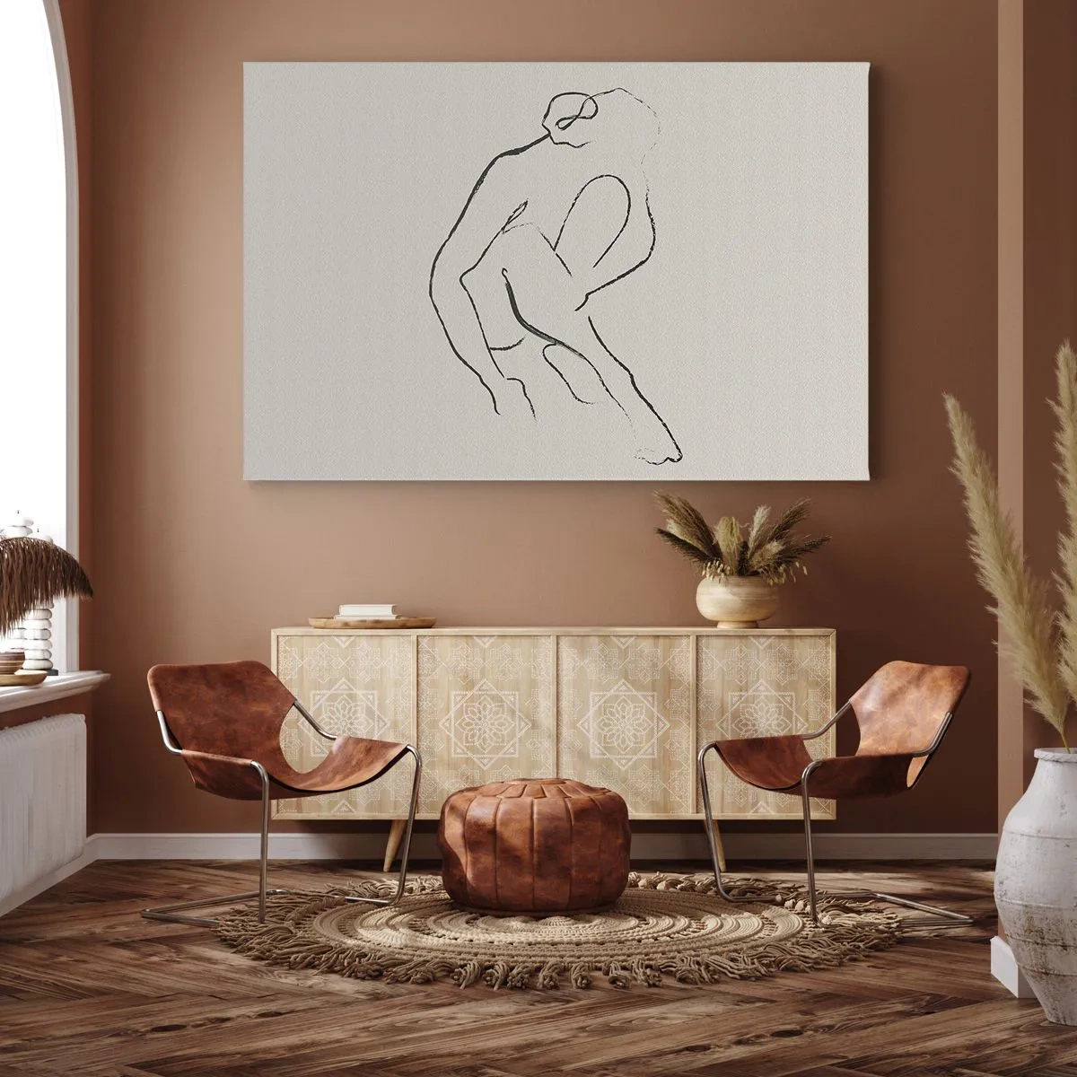 Bild auf Leinwand - Leinwandbild - Eine minimalistische Silhouette in Schwarz auf hellem Hintergrund - 70x50cm - Intime Skizze - Moderne Wanddekoration für Wohnzimmer und Schlafzimmer ARTTOR