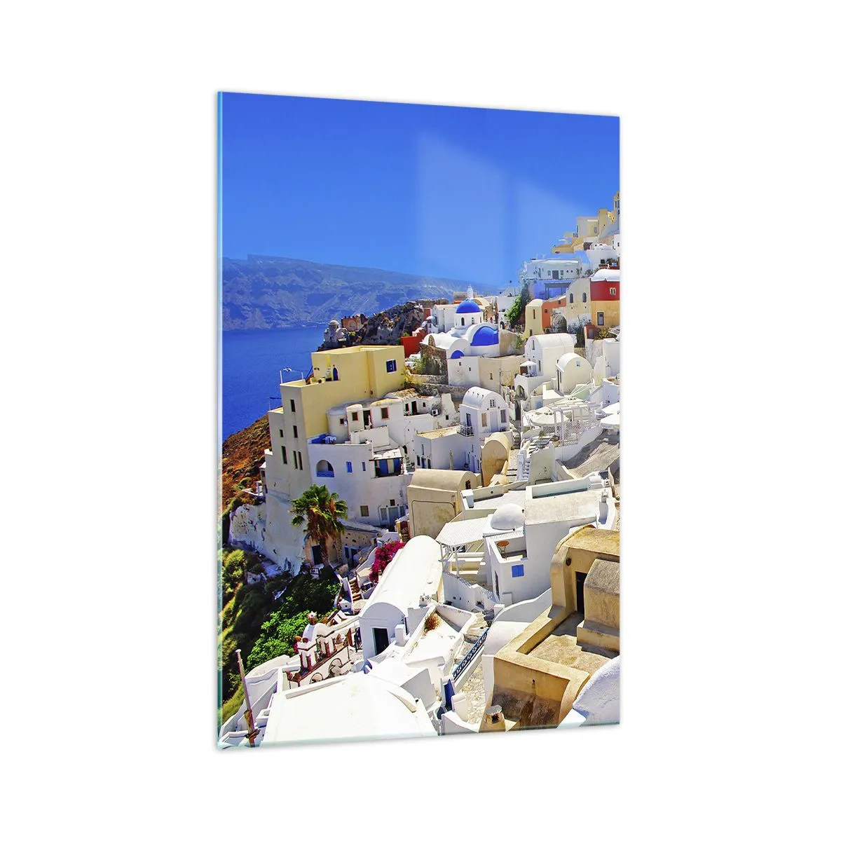 Glasbild - Bild auf glas - Panorama von Santorini mit weißen Häusern und blauem Himmel - 70x100cm - Der Traum vom griechischen Sommer - Moderne Wanddekoration für Wohnzimmer und Schlafzimmer ARTTOR