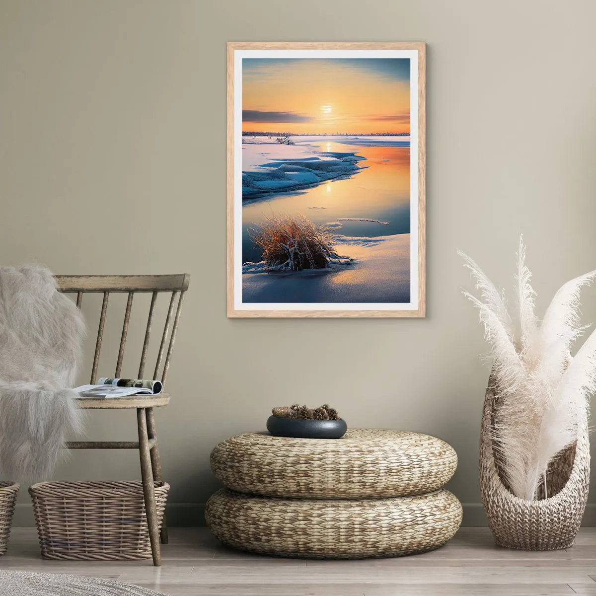 Poster in einem Rahmen aus heller Eiche - Wintersonnenuntergang - 61x91 cm