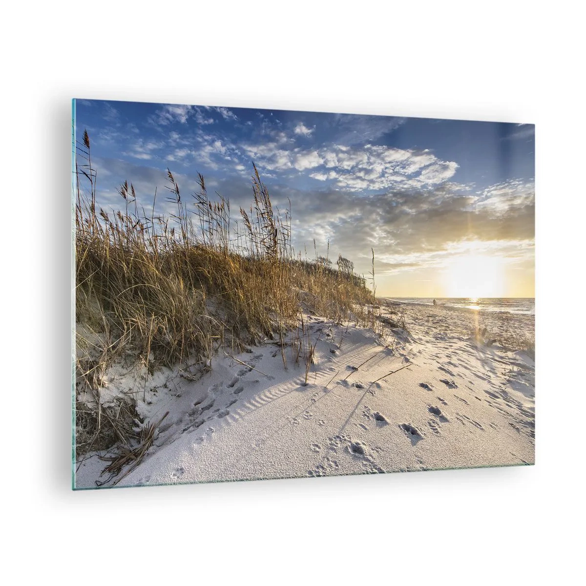 Glasbild - Bild auf glas - Sandstrand bei Sonnenuntergang mit Gräsern an der Düne - 70x50cm - Einladung zu einem Spaziergang - Moderne Wanddekoration für Wohnzimmer und Schlafzimmer ARTTOR