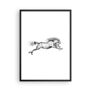 Poster in einem schwarzem Rahmen - Illustration eines galoppierenden Pferdes in Schwarz und Weiß - 50x70cm - Im Galopp festgehalten - Moderne Wanddekoration für Wohnzimmer und Schlafzimmer ARTTOR