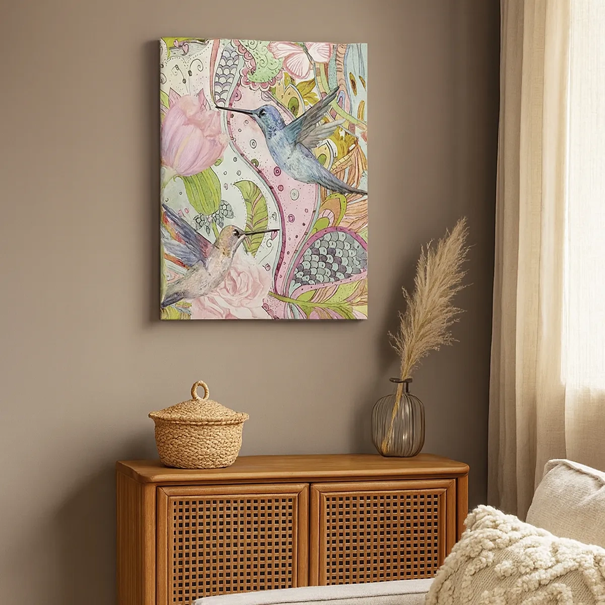 Bild auf Leinwand - Leinwandbild - Bunte Kolibris und Schmetterlinge zwischen den Pflanzen - 50x70cm - Verstrickt in Weinreben - Moderne Wanddekoration für Wohnzimmer und Schlafzimmer ARTTOR