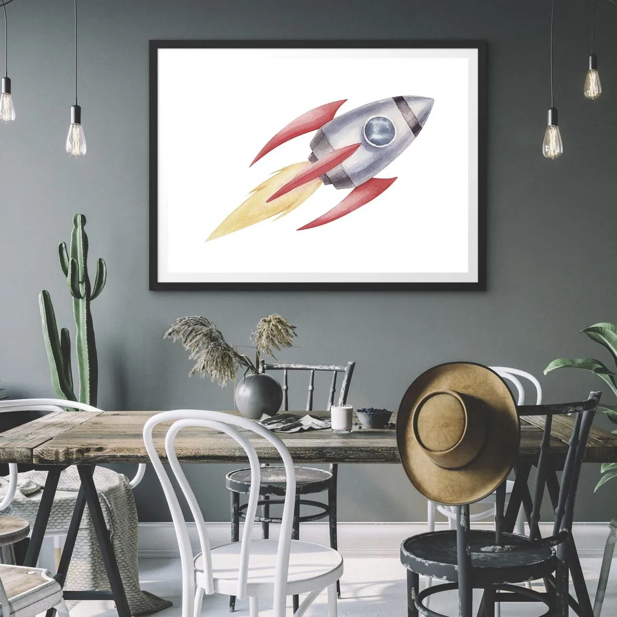 Poster in einem schwarzem Rahmen - Rakete im Aquarellstil auf weißem Hintergrund - 100x70cm - Höher, schneller, weiter - Moderne Wanddekoration für Wohnzimmer und Schlafzimmer ARTTOR