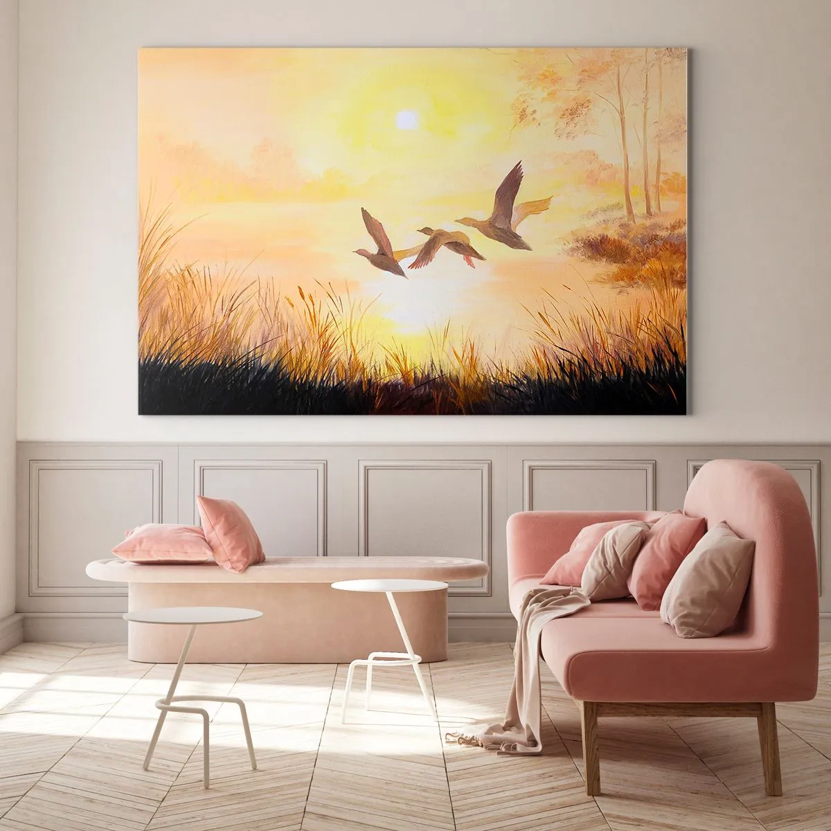 Glasbild - Bild auf glas - Drei Enten fliegen bei Sonnenaufgang über einen See - 70x50cm - Der Beginn einer langen Reise - Moderne Wanddekoration für Wohnzimmer und Schlafzimmer ARTTOR