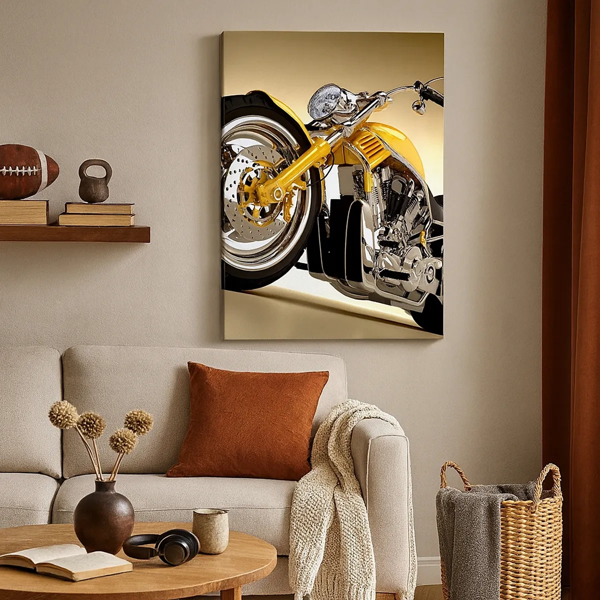 Bild auf Leinwand - Leinwandbild - Ein gelbes Motorrad im Chopper-Stil vor einer beigen Wand - 50x70cm - Ein Traum von Kraft und Geschwindigkeit - Moderne Wanddekoration für Wohnzimmer und Schlafzimmer ARTTOR