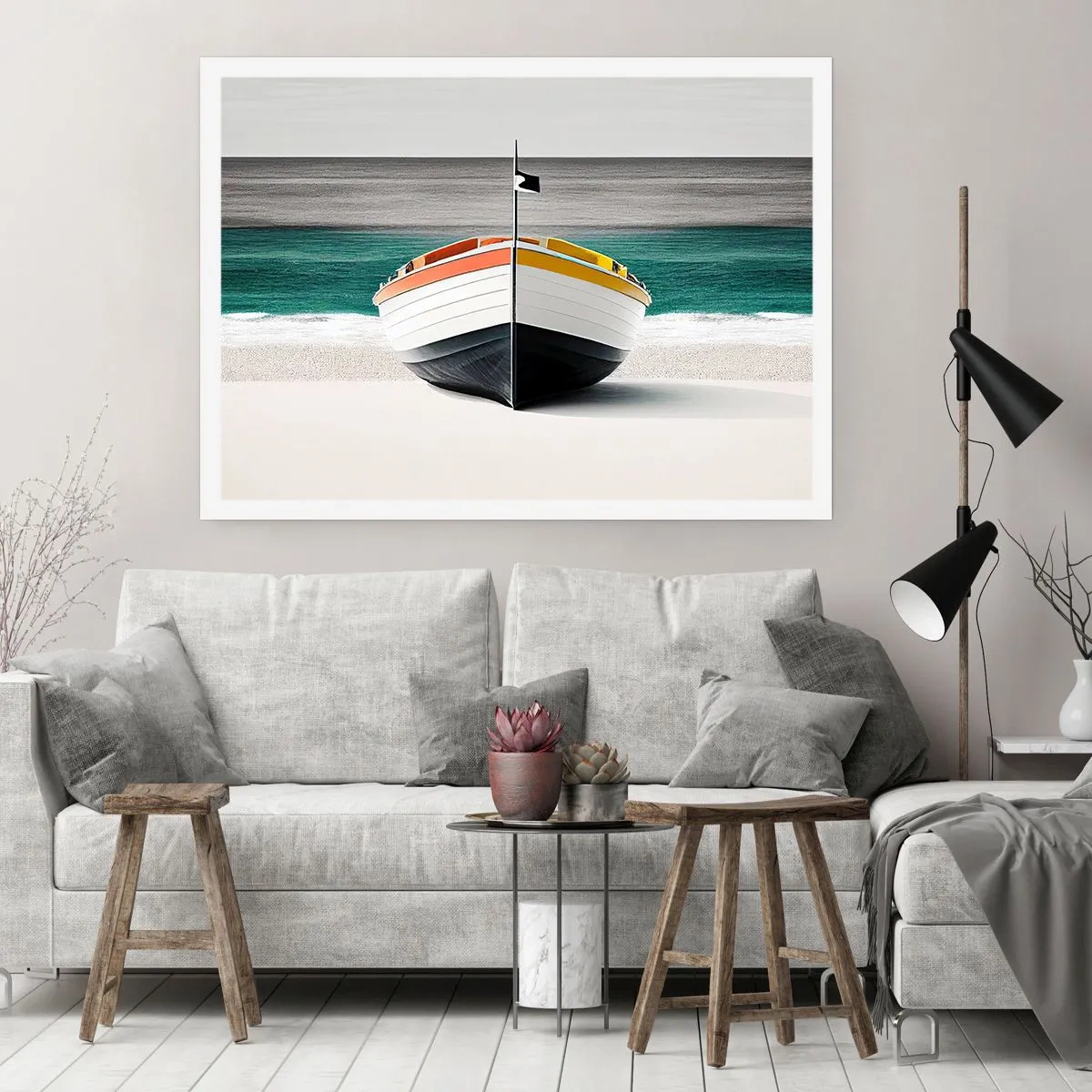 Poster - Ein Boot am Strand mit türkisfarbenem Meer im Hintergrund - 100x70cm - An seinem Platz - Moderne Wanddekoration für Wohnzimmer und Schlafzimmer ARTTOR