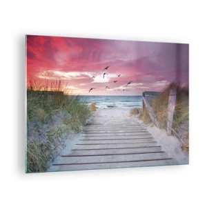 Glasbild - Bild auf glas - Weg zum Strand bei Sonnenuntergang mit fliegenden Vögeln - 70x50cm - Baltischer Eindruck - Moderne Wanddekoration für Wohnzimmer und Schlafzimmer ARTTOR