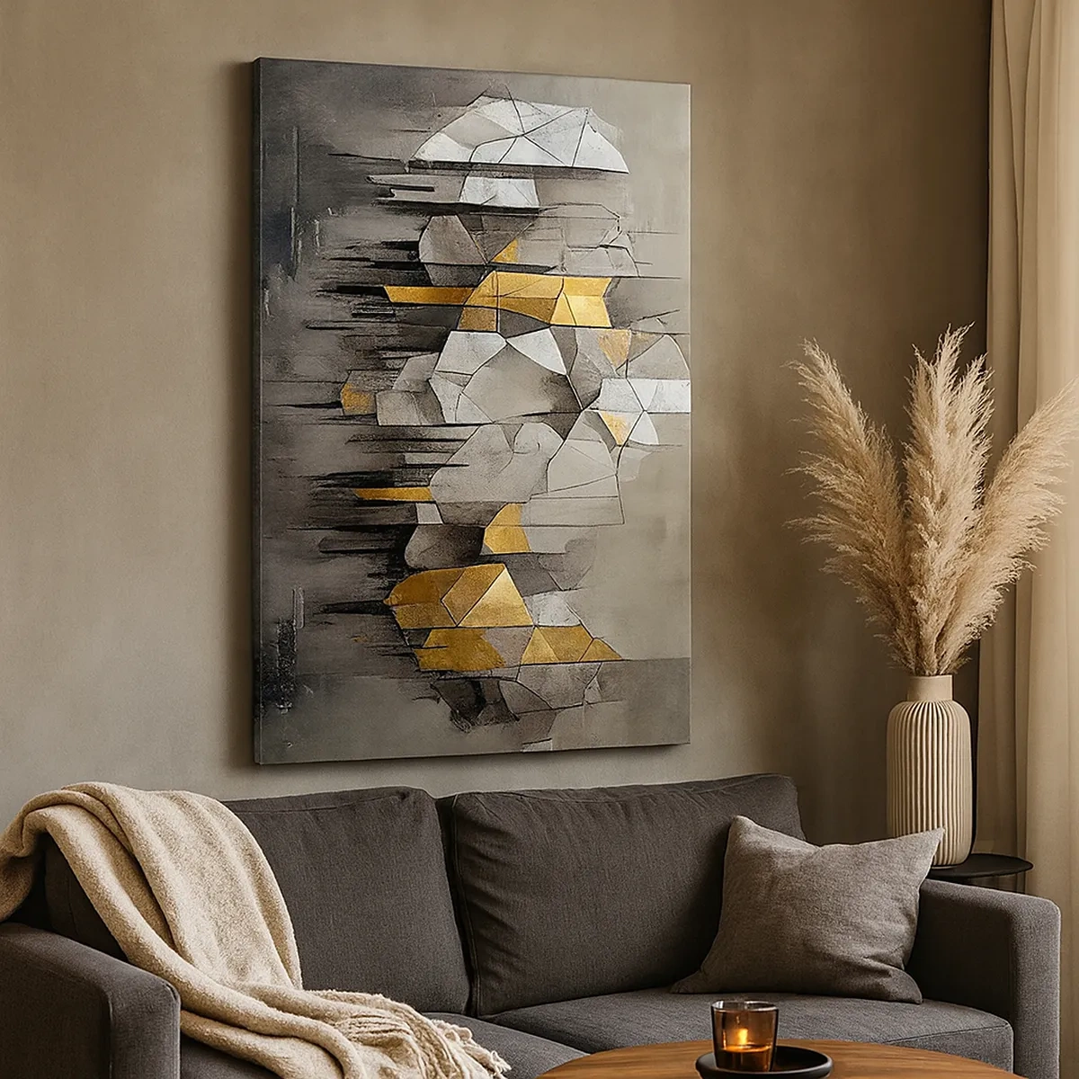 Bild auf Leinwand - Leinwandbild - Geometrische Abstraktion in Gold- und Grautönen - 50x70cm - Komposition aus Eis und Licht - Moderne Wanddekoration für Wohnzimmer und Schlafzimmer ARTTOR