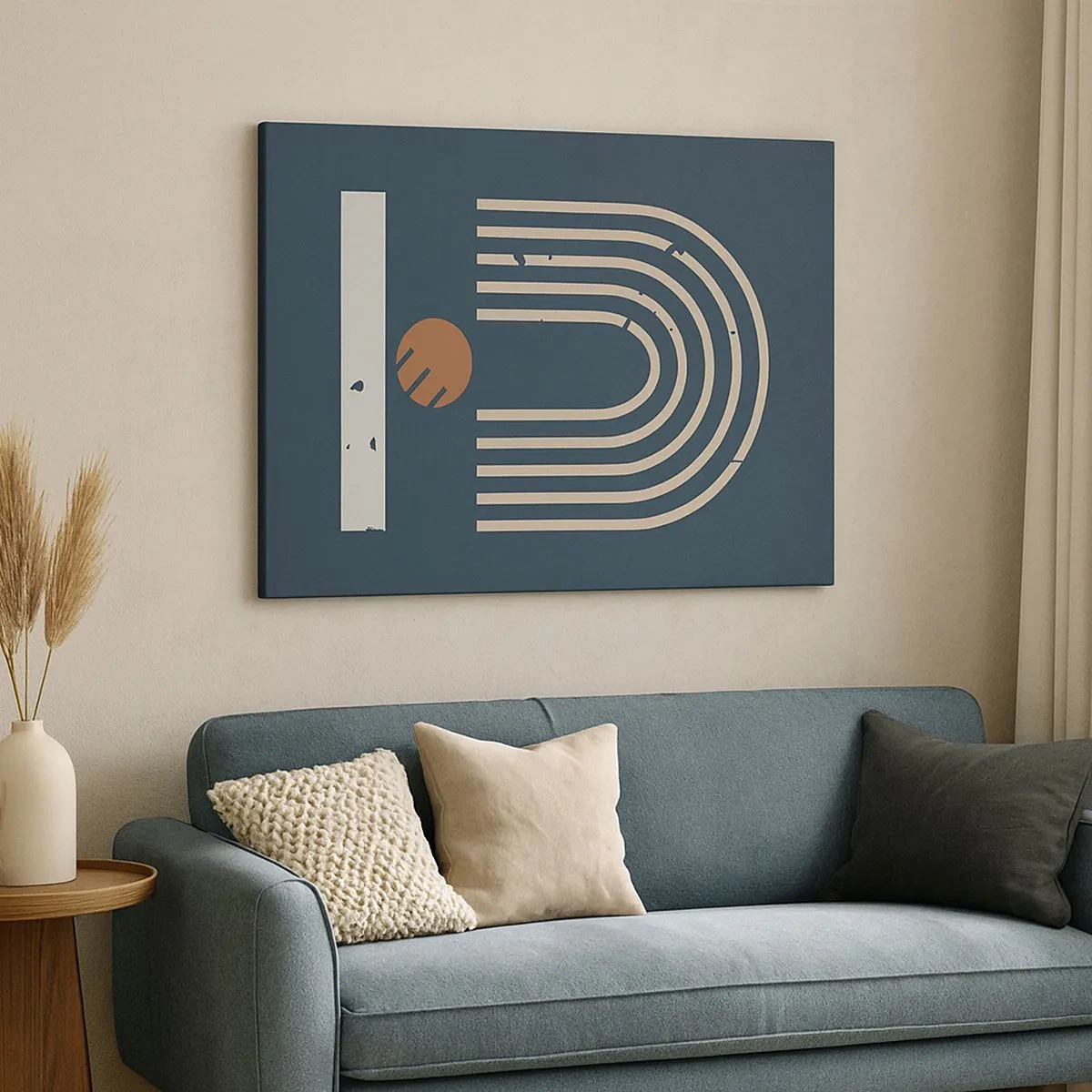 Bild auf Leinwand - Leinwandbild - Geometrisches Muster in Marineblau-, Beige- und Orangetönen auf dunklem Hintergrund - 70x50cm - Geometrie auf dem Granatapfel - Moderne Wanddekoration für Wohnzimmer und Schlafzimmer ARTTOR